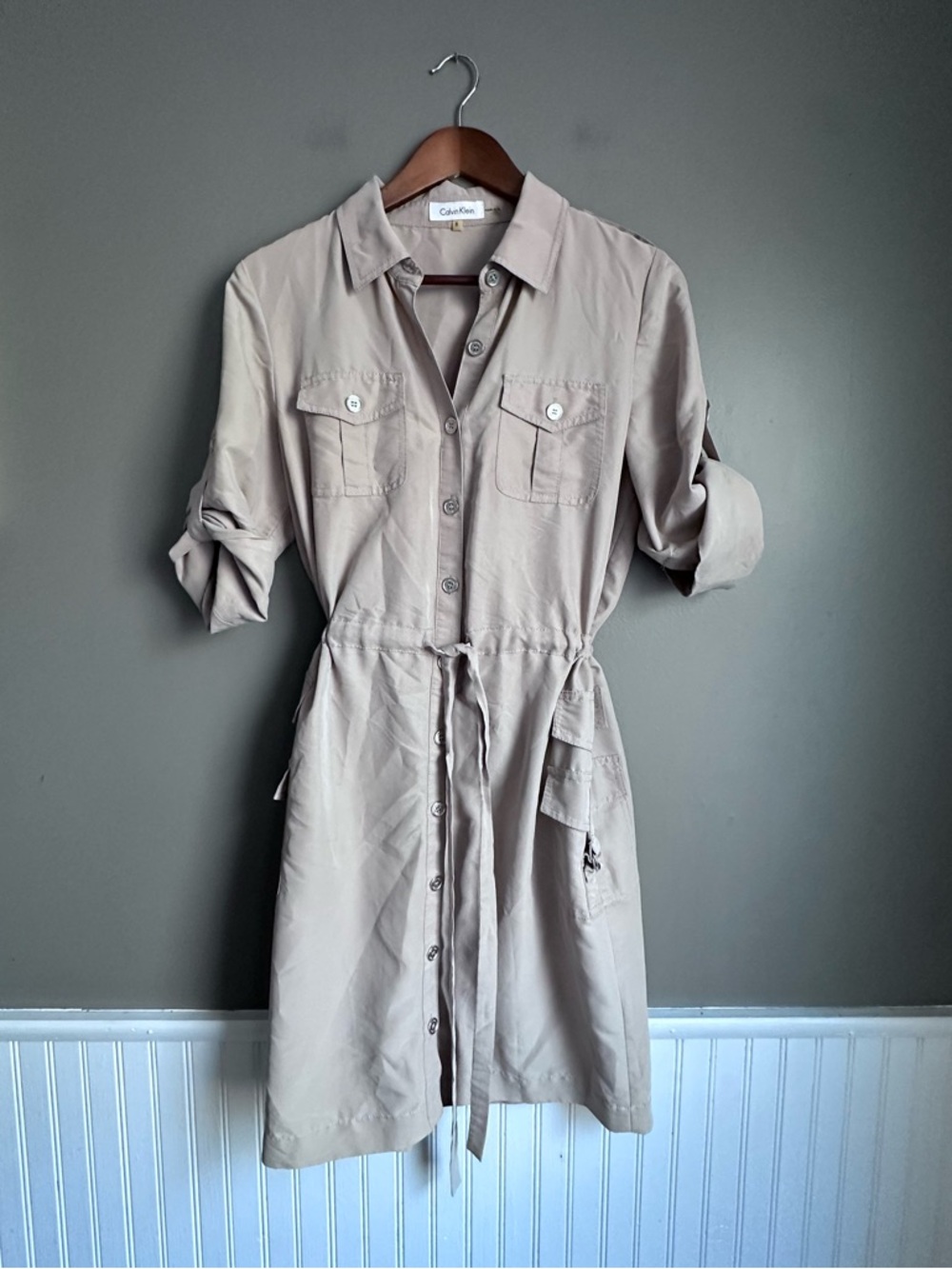 Calvin Klein Tan Beige Button Down Shirt Dress Size 8 Collared Tie Waist Pockets